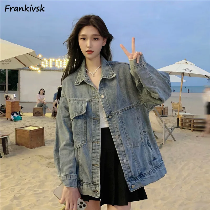 

Denim Jackets Women Spring Autumn New Japanese Style Turn-down Collar Washed Outwear Baggy Casual All-match Fashion Long Sleeve