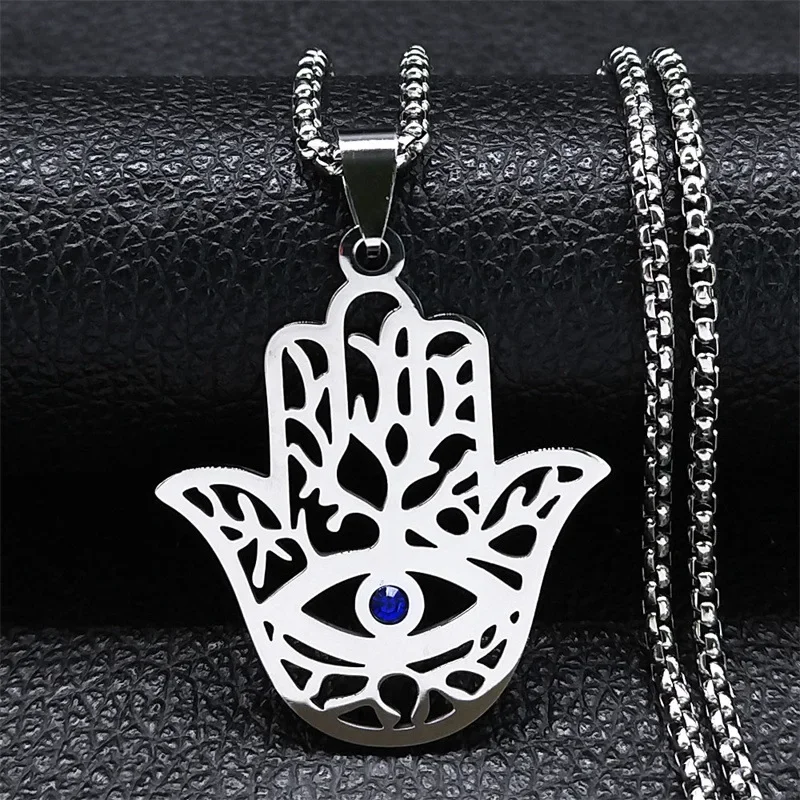 Hand Turkish Eye Lotus Stainless Steel Necklace for Women Men Gold Color Egypt Amulet Islam Chain Arabic Jewelry