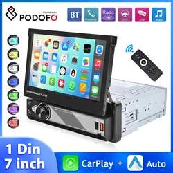 Podofo 1Din Car Radio MP5 Wireless CarPlay Android Auto 7'' Multimedia Player Retractable Screen Mirror Link 9901W Car Audio