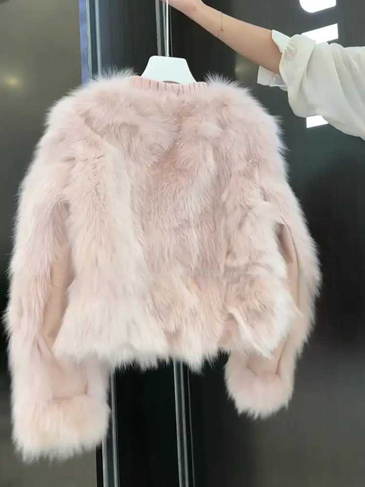 Inverno rosa eco-friendly raposa cabelo feminino curto franjas borda design jaqueta de redução de idade peludo superior jaqueta de pele do falso para senhora