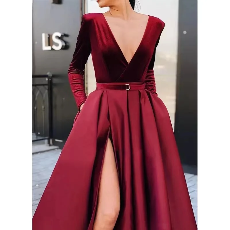 Frauen Lange Kleid Elegante Damen Kleid Party Kleider A-Line Tiefem V-ausschnitt Slit Voller-länge Abend Club Maxi Hohe Taille kleid