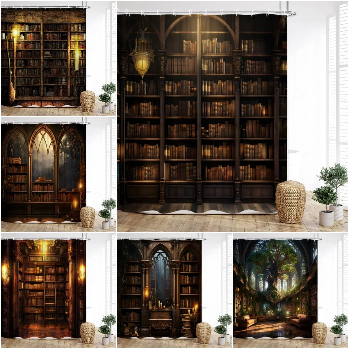 Vintage Bookshelf Shower Curtain, Magic Books Old Bookshelf Candles Ancient Attic Print Home Bathroom Decor with Hooks