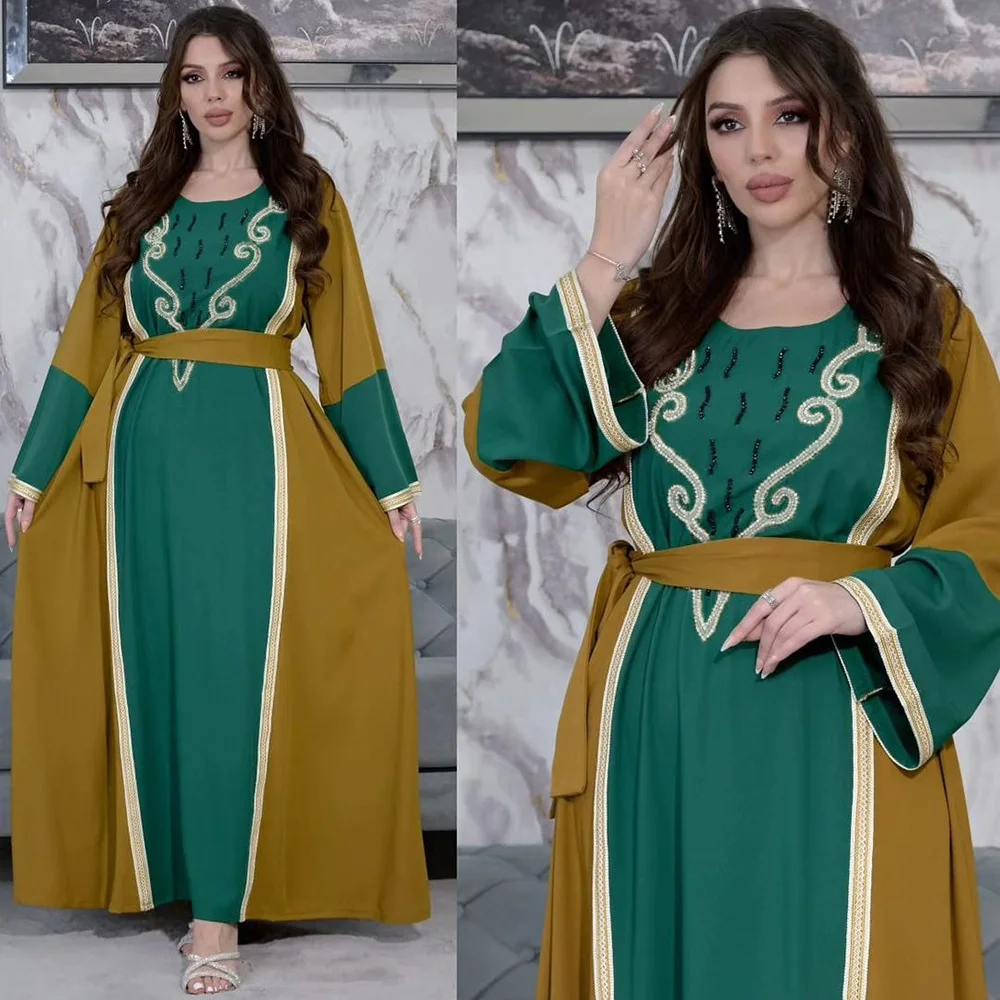 New Dubai Abaya Arabia Muslim Dress Women Lace-up Casual Party Elegance Long Sleeve Daily Dress Kaftan Femme Musulman with Belt