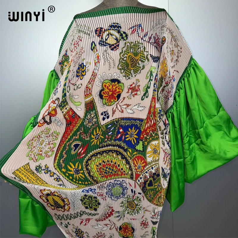 WINYI Bubble sleeve Pleated elastic slim dress beach wear kaftan abaya dubai luxury party long dress muslim woman evening dress