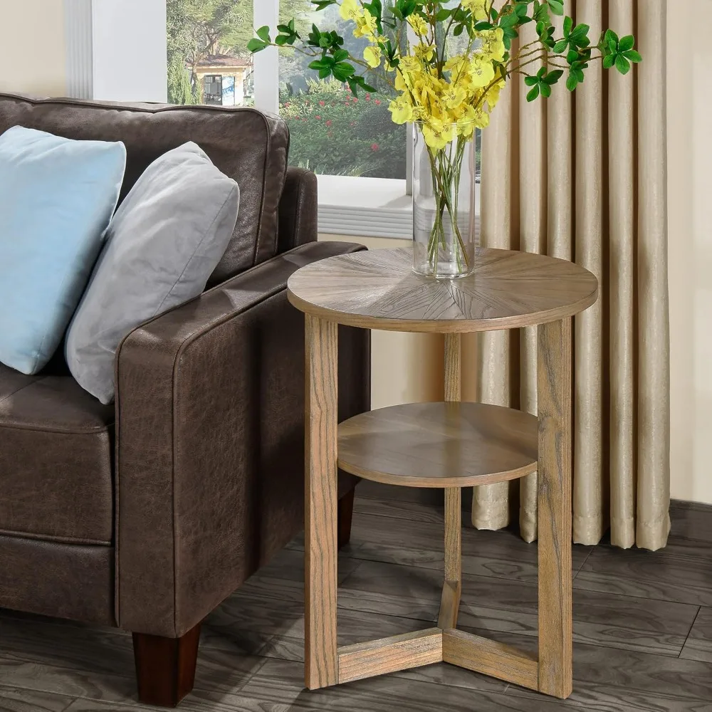 

"farmhouse style round end table with storage shelf and classic solid wood design"