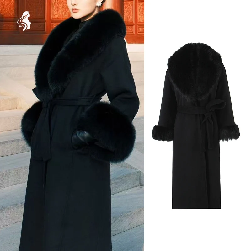

Ladies Coat With Big Fur Collar Belted Long Woolen Style Casual And Fashionable Coat Autumn And Winter Casual Wear Trafizaran