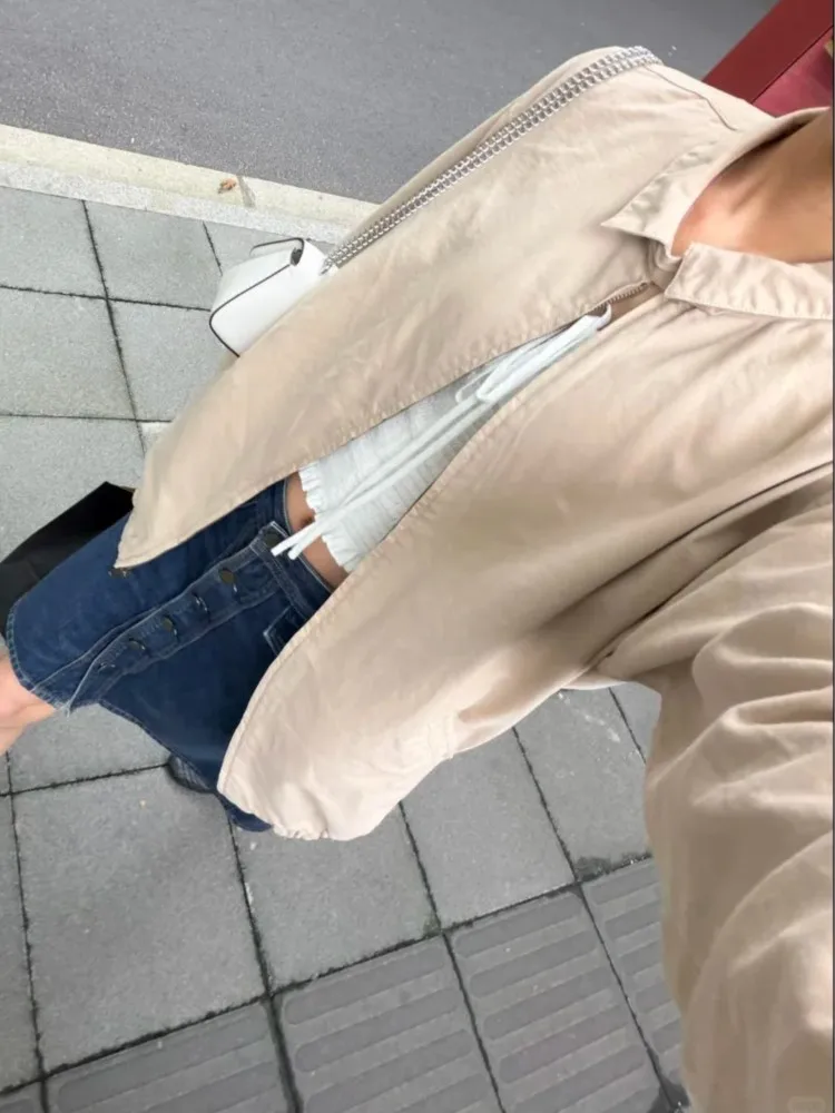 Solid Stand Collar Button Flight Jacket Women Autumn Streetwear Cotton Loose Zipper Jackets Simple Vintage Casual Coat Tops Y2K