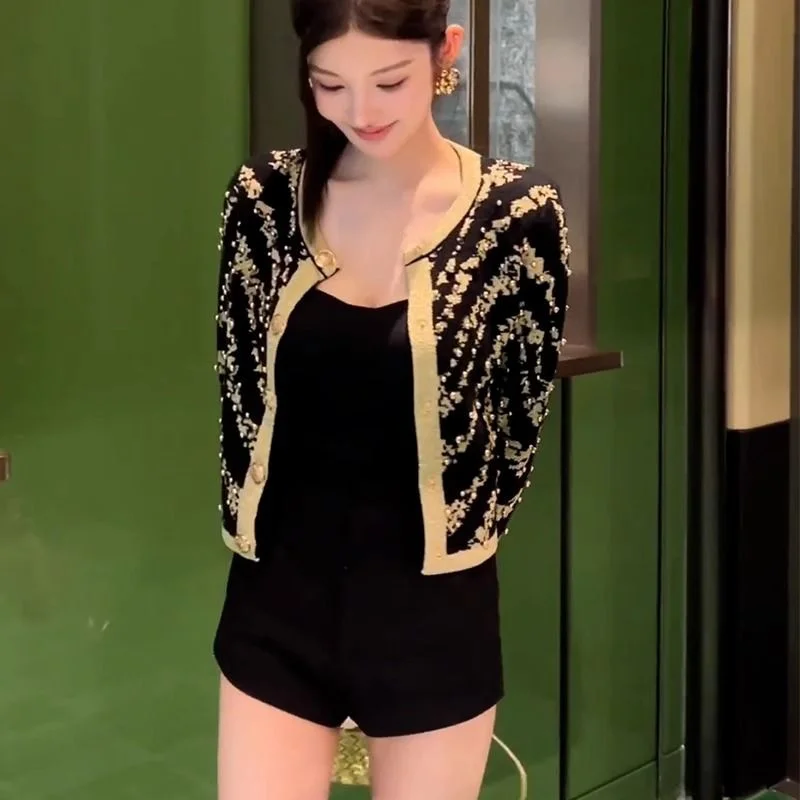 Short Jacket 2024 Autumn And Winter New Nail Bead Temperament High-end Feeling Small Long Sleeved Top Womens Fashion Trend Women