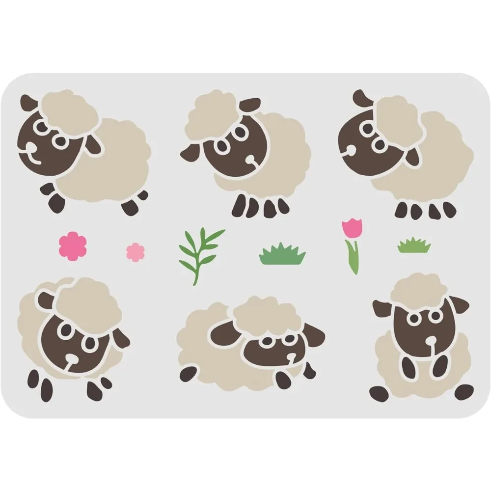 6 Poses Sheep Stencils for Painting 11.7x8.3 inch Large Reusable Farm Sheep Stencil Templates Cute Lamb Stencil with Flower