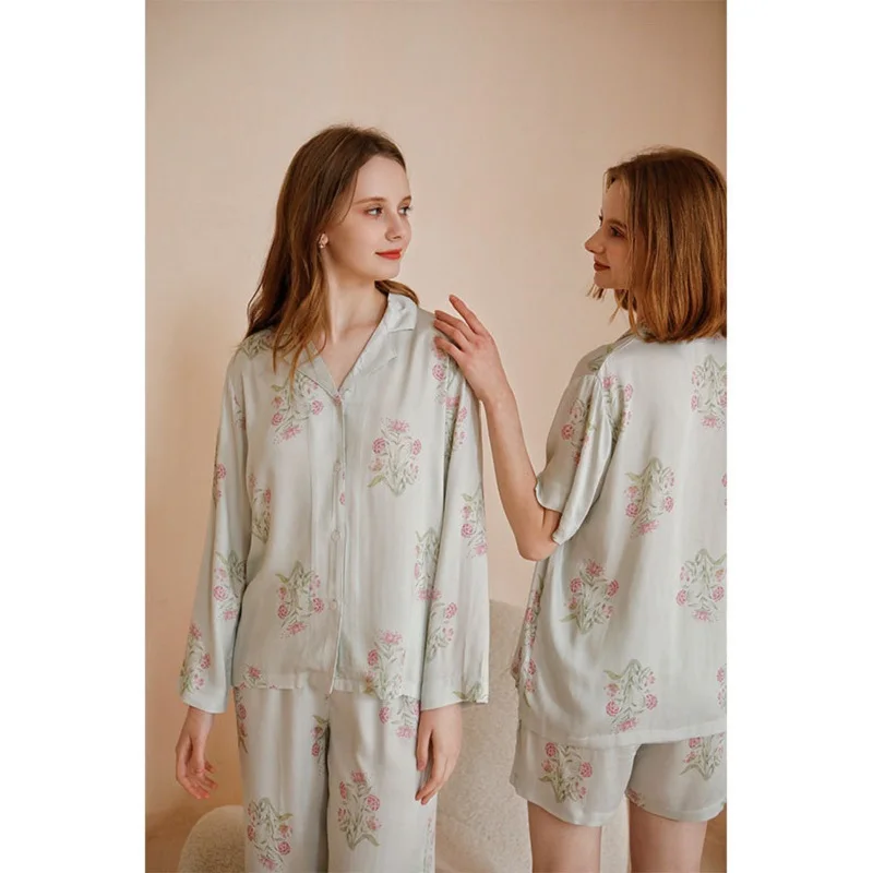 New Fashion Viscose Long Sleeve Floral Pajama Sets For Women Ankel-Length Pants Nightwear Spring Summer Comfortable Home Clothes