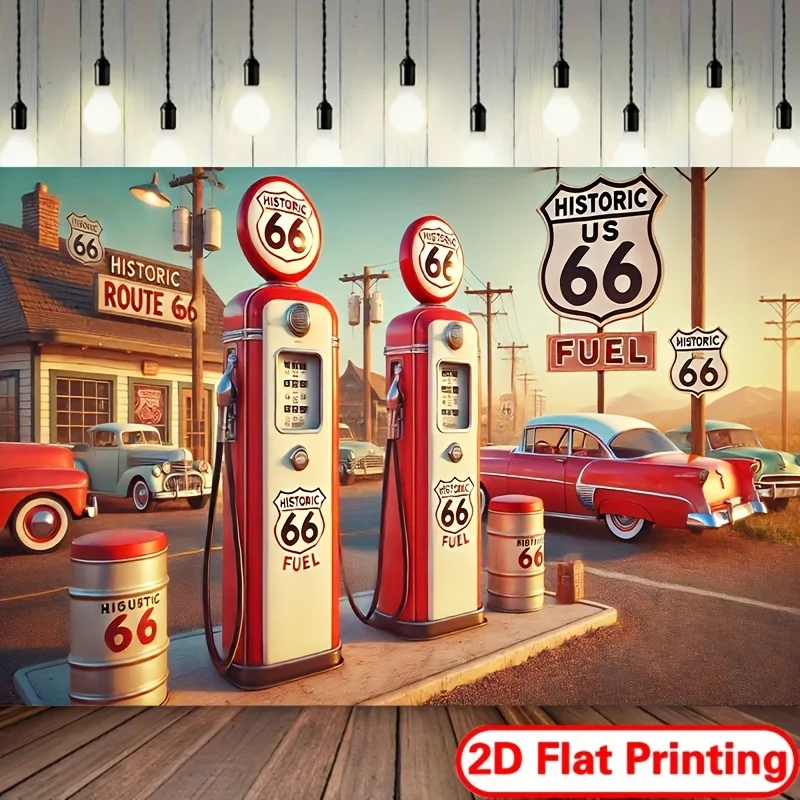 Historic Route 66 Gas Station Tapestry Classic Cars Fuel Pumps American Road Trip Nostalgia Vintage Americana Wall Art Garage