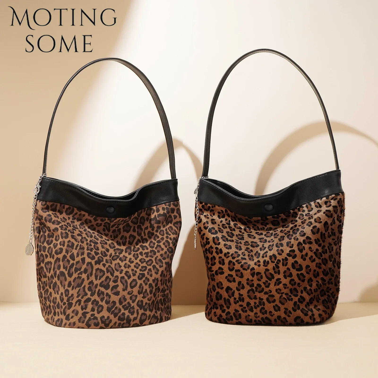 Motingsome Leopard Print Suede Leather Handbag Fashion Women Handbag and Purses 2024 New Luxury Horsehair Bucket Casual Tote