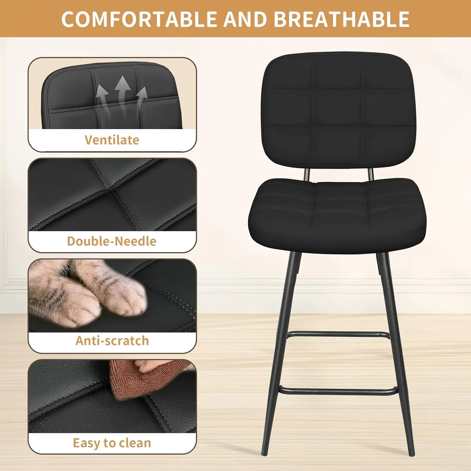 Bar Stools Set Of 2, 24 H Upholstered Metal Barstool With Ba And Footrest, Bar Chair With Metal Base For Dining Room Counter