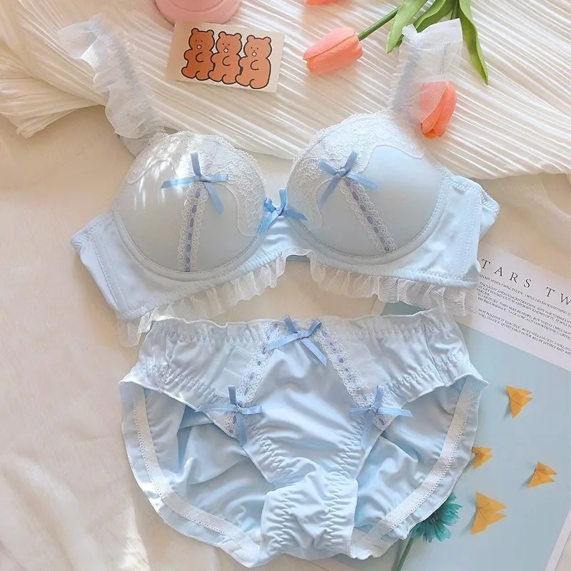 Japanese Girl Lingerie Candy Colored Lace Bra Set With No Steel Ring Gathered Cute Lolita Girl Attractive Chest Suspendersv Sexy