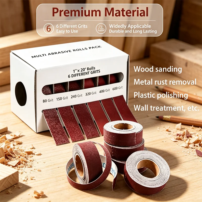 4/6 Roll Grits Sandpaper 6M Dry Grinding Emery Sanding Belt  Abrasive Paper Pack with Dispenser Cloth for Metal Polishing