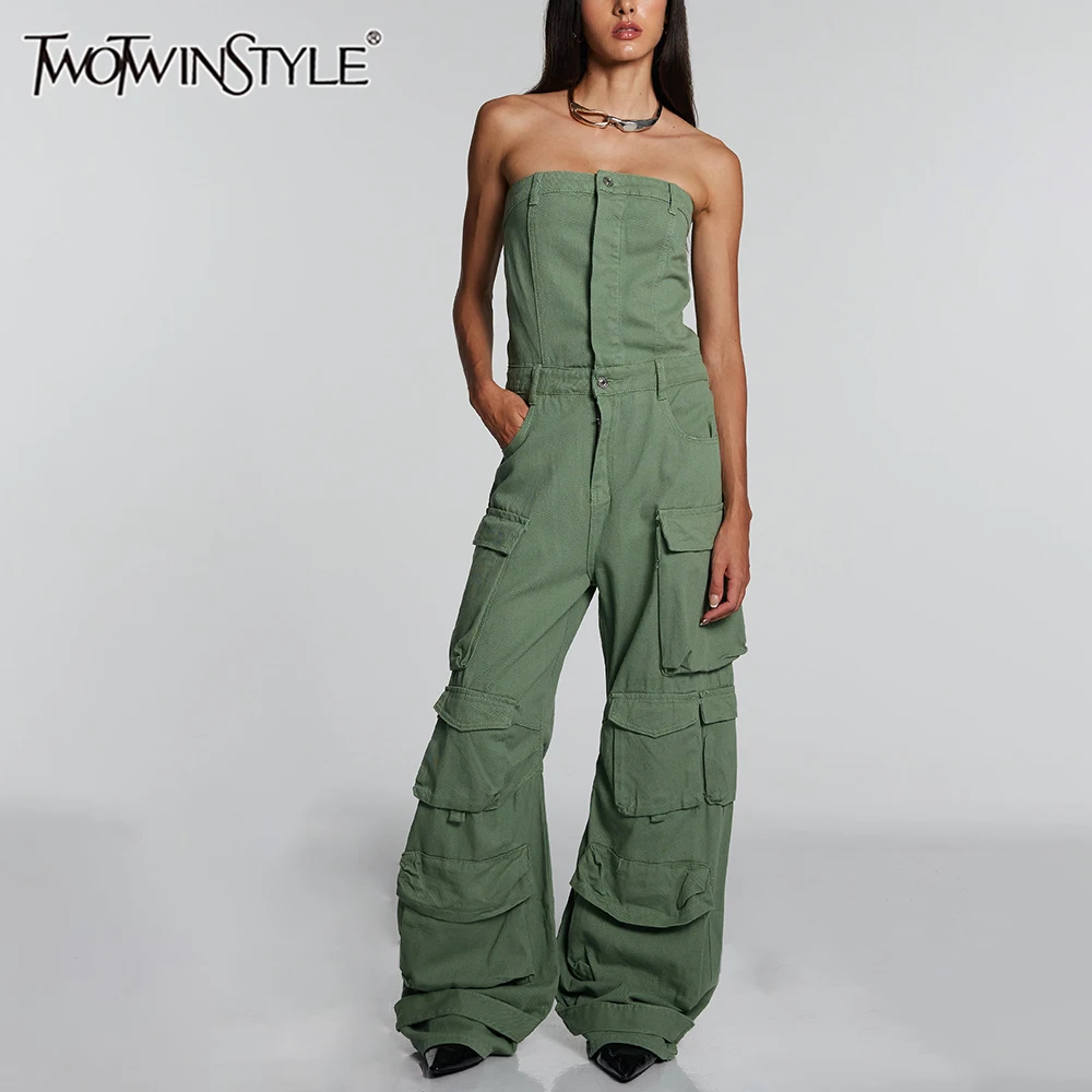 

TWOTWINSTYLE Spliced Pocket Denim Jumpsuits For Women Strapless Sleeveless High Waist Patchwork Button Solid Jumpsuit Female