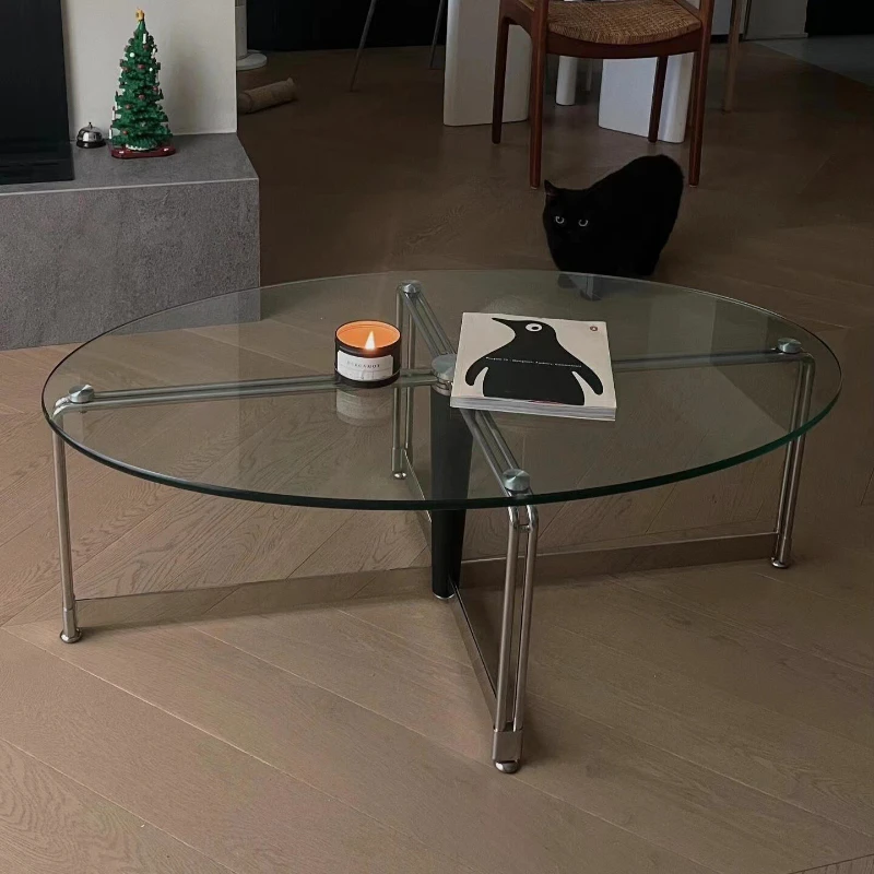 

Retro glass coffee tempered oval coffee small apartment tea stainless steel living room