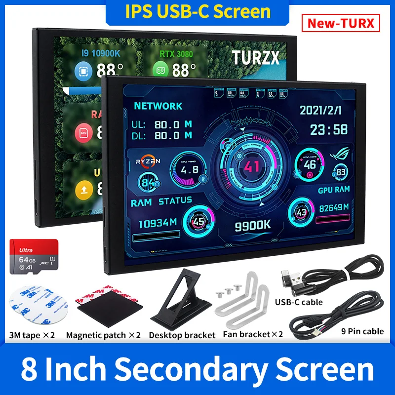 

New 8 Inch IPS USB Smart Screen TURZX 1280x800 Secondary Screen Extended Desktop CPU GPU RAM Computer Monitor for Windows 10 11