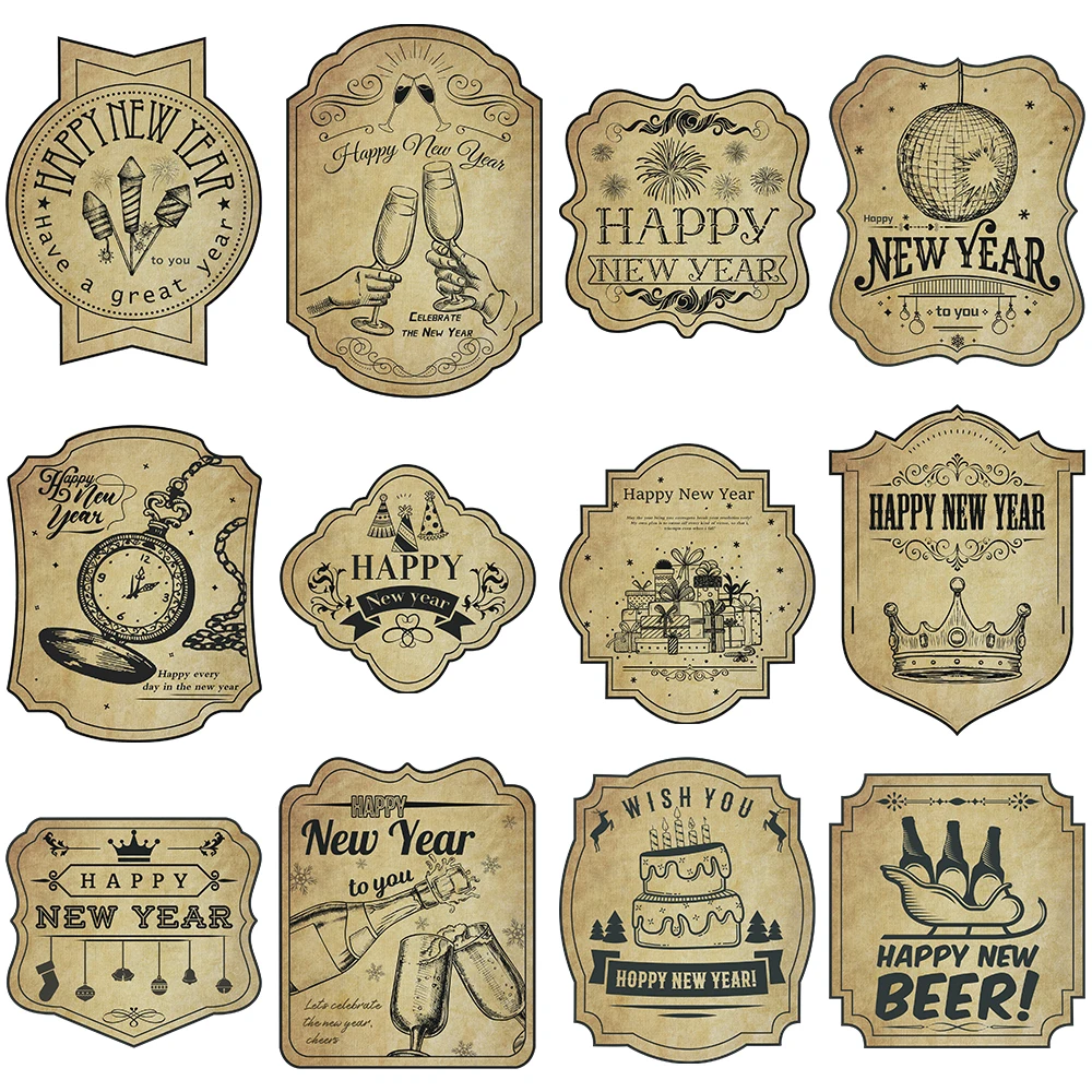 12Pcs 2025 New Year Vintage Clock Angel Wine Bottle Sticker Merry Christmas Decor Happy New Year Label Sticker Decoration