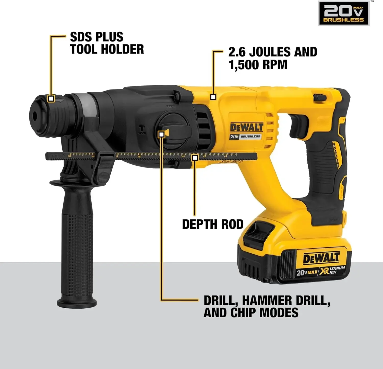 DEWALT DCH133M2 20V Max XR Brushless 1 Kit de martelo rotativo com alça D