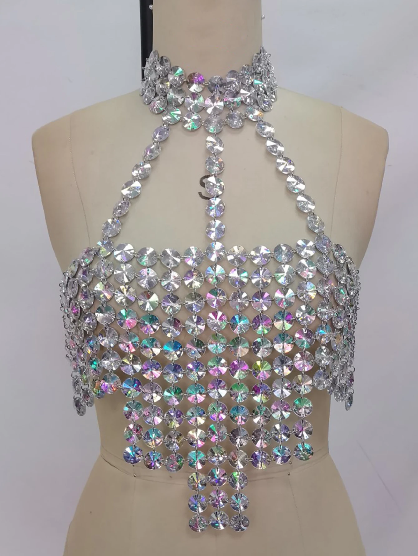Sexy metal rhinestone halter tanks top women summer see through beach crop top club party tops for woman rave festival clothing