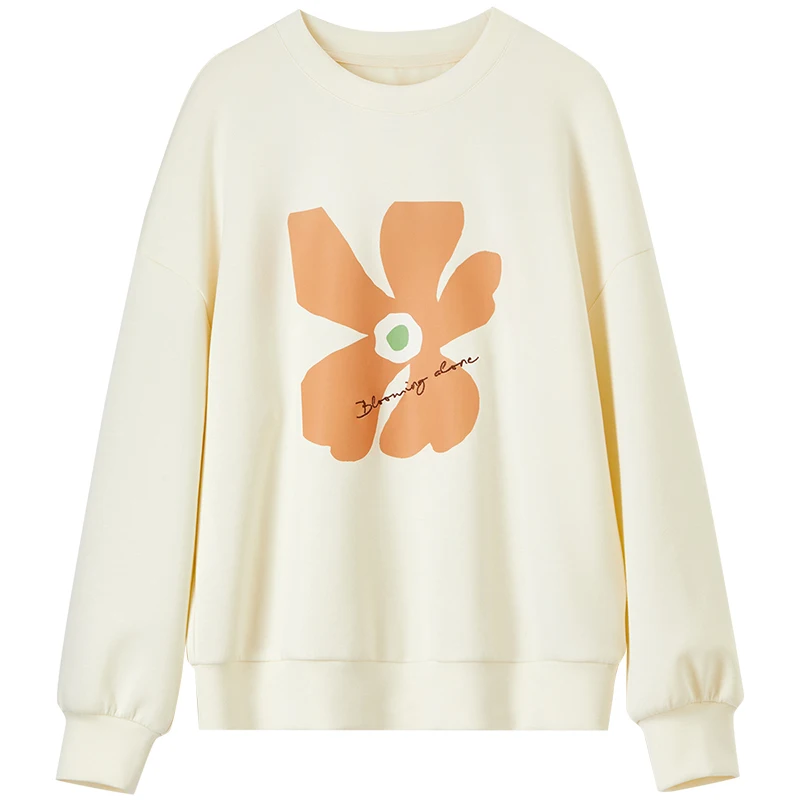 SENTUBILA Woman Casual Sweatshirt 2025 Autumn Fashion Loose Floral Print O Neck Pullovers Beige Apricot Long Sleeve Top151A58386