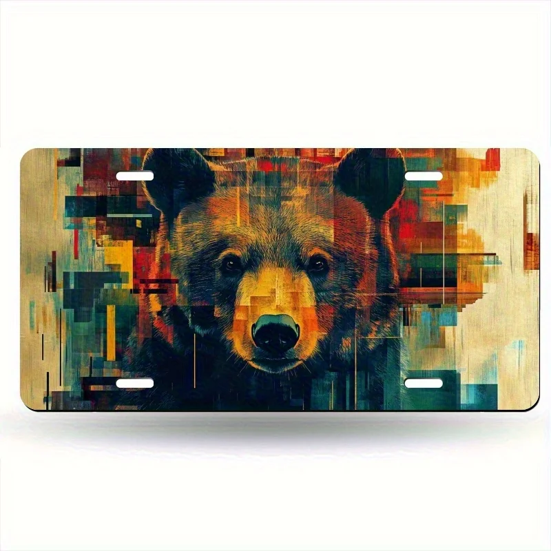 Vintage Bear Face License Plate with 4 Screws - Matte Aluminum Car Plate Suitable for Men & Women, 6x12 Fit Retro Vehicle Decora