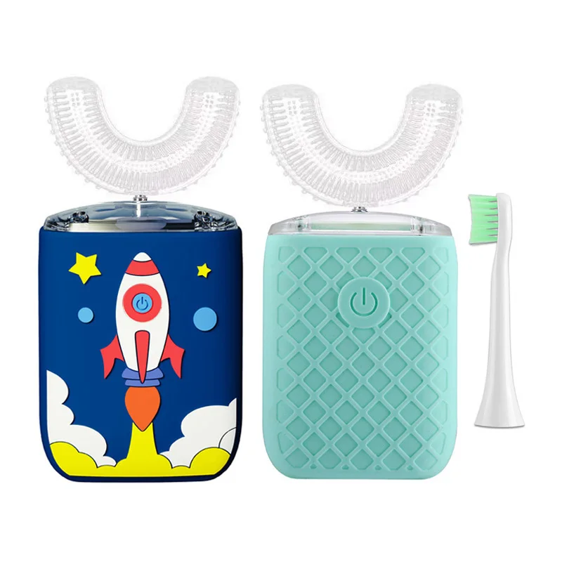 Electric Toothbrush for Children Adults U Shaped 360 Degrees Smart Electric Toothbrush Rechargeable Cartoon for Kids Blue Light