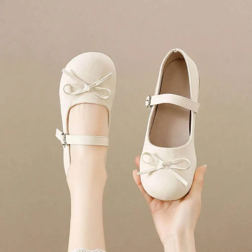 

Cute Mary Jane Shoes White round Head Slip-On Chunky Heel Casual Fashion Single Shoes for Women Sweet Style Rubber Outsole