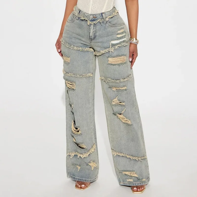 Retro Washed Ripped Design Style Dirty Denim Long Pants Women Solid Color  High Street Fashion Casual Loose Wide-leg Jeans