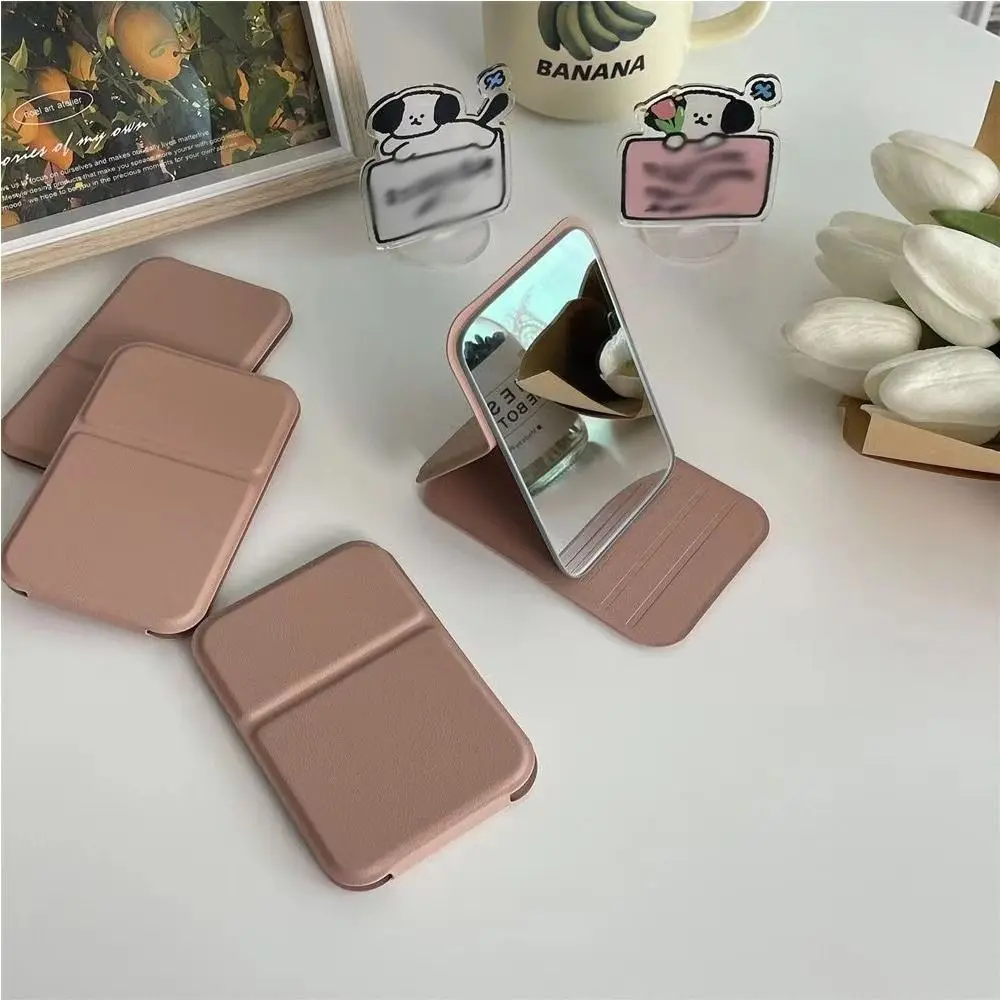 Espelho de maquiagem de mesa cor sólida couro do plutônio simples portátil espelho de maquiagem dobrável estudante compacto bonito espelho de bolso