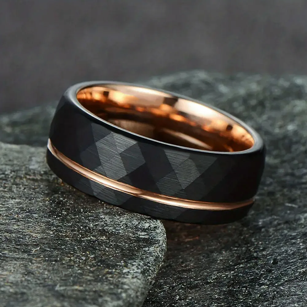 Tungsten Carbide Rings for Men Hammered  Line Multi Faceted Wedding Band Women Brushed section Ring