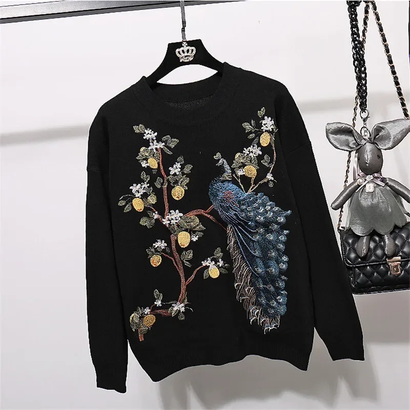 Heavy Work Embroidery Knitted Tracksuits Women Outfits 2pc Casual Loose Black Pullover Sweater Pencil Pants Two Piece Set Female