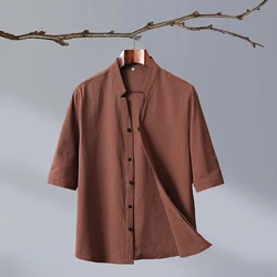 New Fashion Cotton Linen Crepe Pure Color Matching Outdoor Travel Trend Chinese Style Men's Sleeved Shirt Casual Matching Shirt