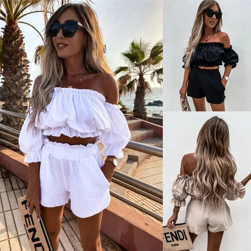 

Women Casual Short Sleeve Outfit 2025 Summer Fashion One-Word Collar Lantern Sleeve Pocket Suit Female Top Shorts Two Pieces Set