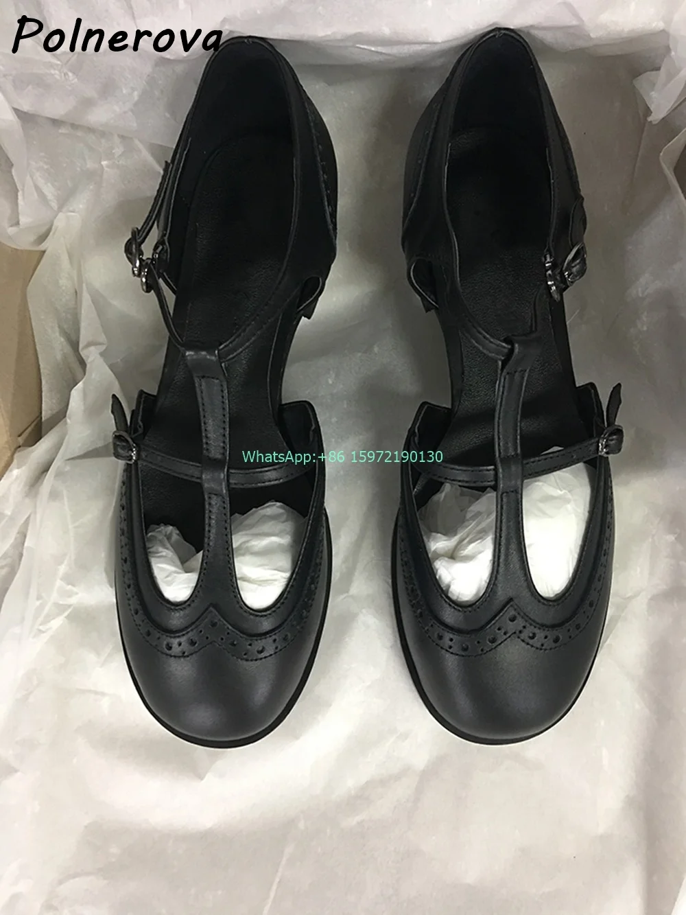 Leather Hollow T-Strap Pumps Round Toe Flat with Buckle Shoes Solid Black Niche Retro Sewing Ladies Leisure Comfortable Shoes