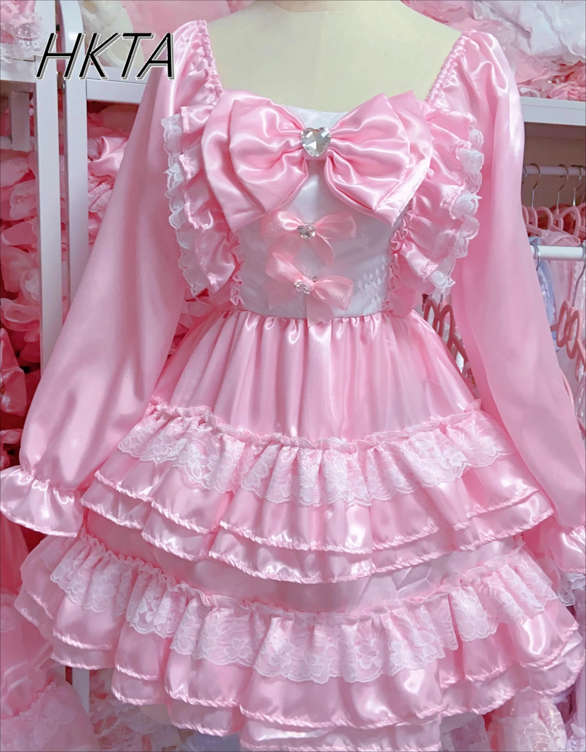 Lolita doce kawaii pescoço quadrado pétala manga longa rosa vestidos curtos feminino verão novo laço arco cintura em camadas bolo vestidos inchados