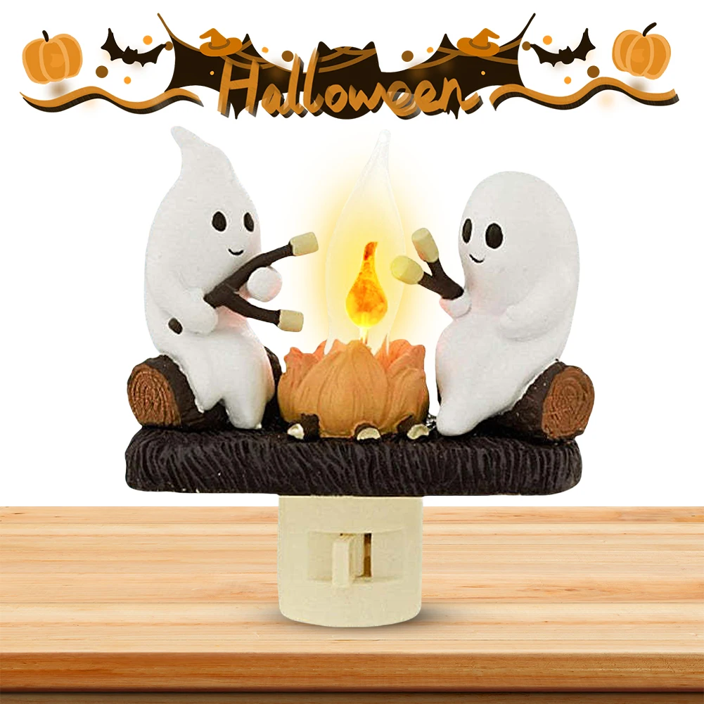 Halloween Decoration LED Ghost Campfire Nightlight Plug Into Wall Ghost Roasting At Campfire Lamp Ghosts Marshmallow Light