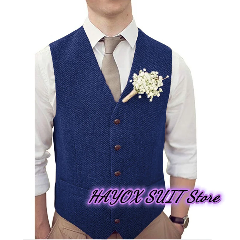 Tweed Men's Suit Vest Korean Style Slim Fit Single Breasted Chaleco Hombre Wedding Business Formal Herringbone Jacket Waistcoat