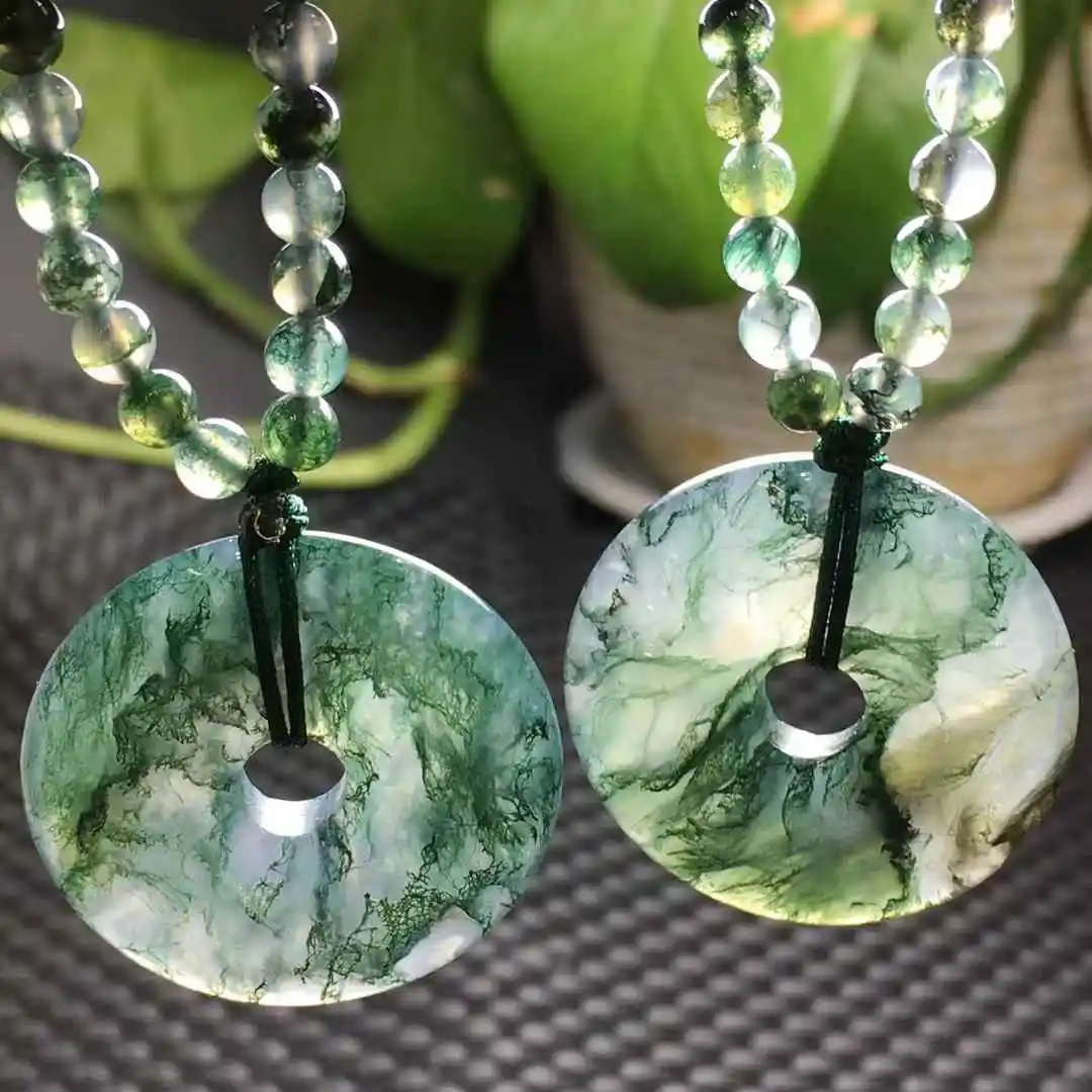 Unit One Piece Natural Green Moss Agate Gemstone Crystal Pingan Necklace Pendant With Moss Agate Bead Chain