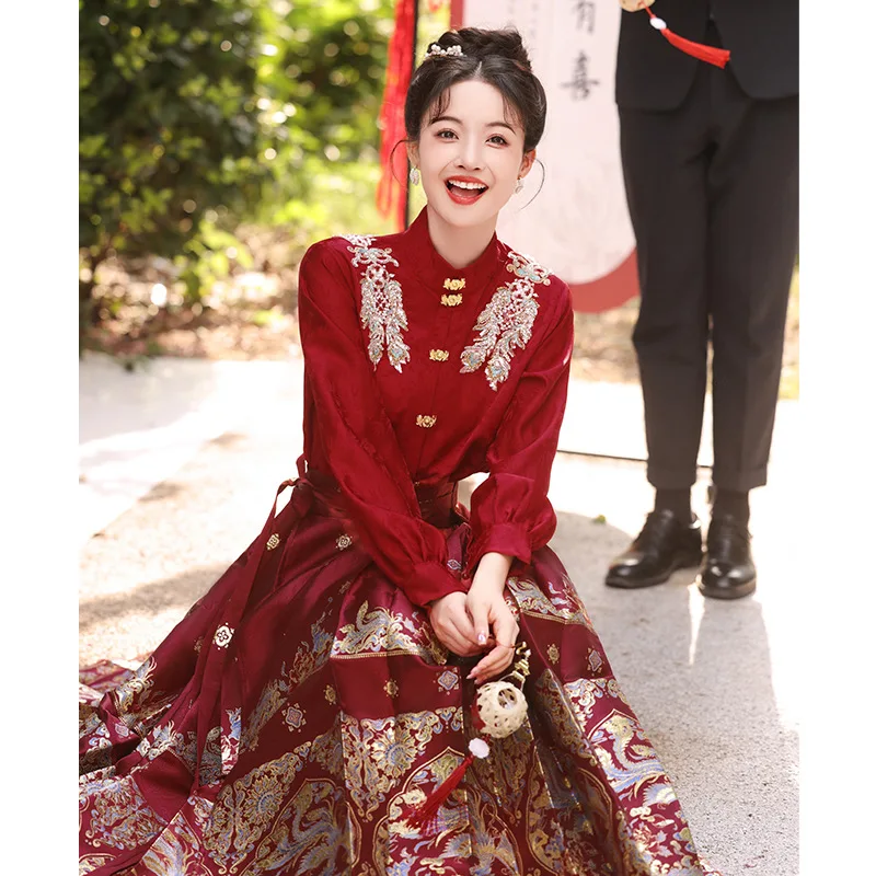 New Chinese Style Long Sleeve Hanfu Wedding Dress Red Marriage Ceremony Outfit Return Home Dinner Fashionable Women's Suit