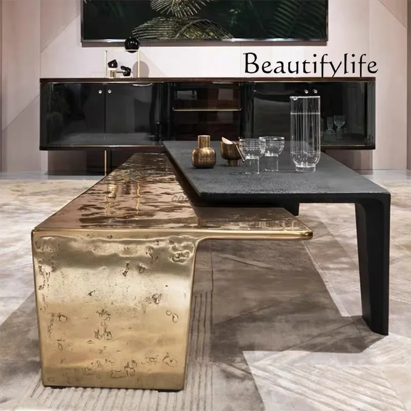 

Light luxury high and low combination coffee table modern art stainless steel hammer pattern old living room simple style