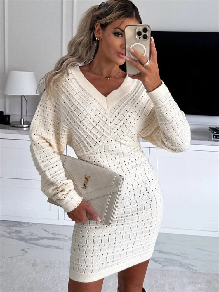 

Tossy Knitwear V-Neck Hollow Out Dress For Women See-Through Elegant Loose Long Sleeve See-Through Dress Female Mini Dress 2024