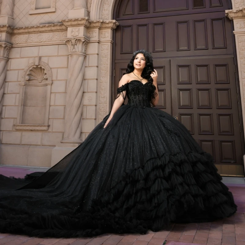 

Black Shiny Quinceanera Dresses Ball Gown Off The Shoulder Beading Crystal Tiered Tull Corset Party Birthday Sweet 16 Dress Vest