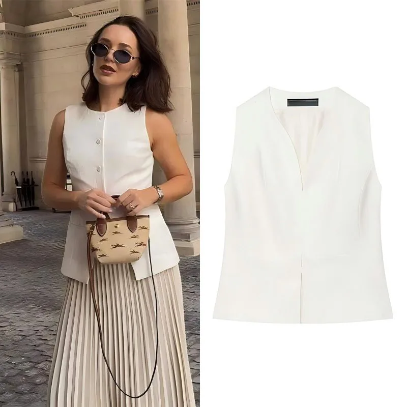 Guobioziy Women's Top 2026 New V-Neck Sleeveless Blazer Vest Minimalist Commuter Style with Built-In Skin-Friendly Lining