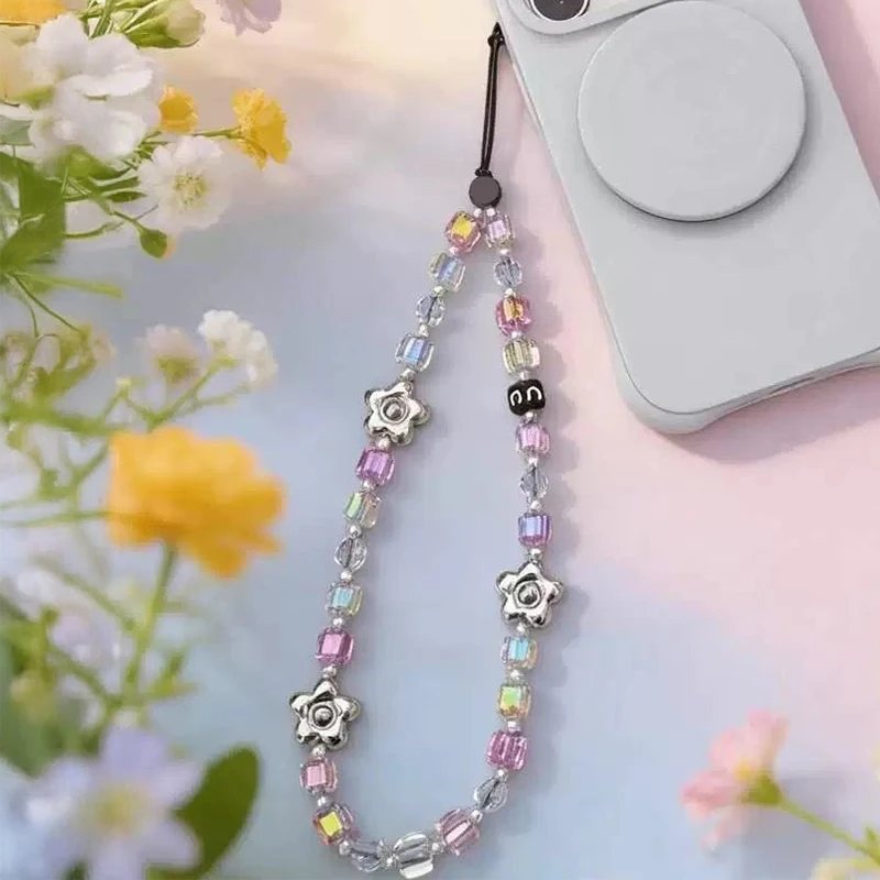 Sakura Silver Flower Colorful Beads Phone Charm Short Lanyard Mobile Phone Hanging Chain Accessories