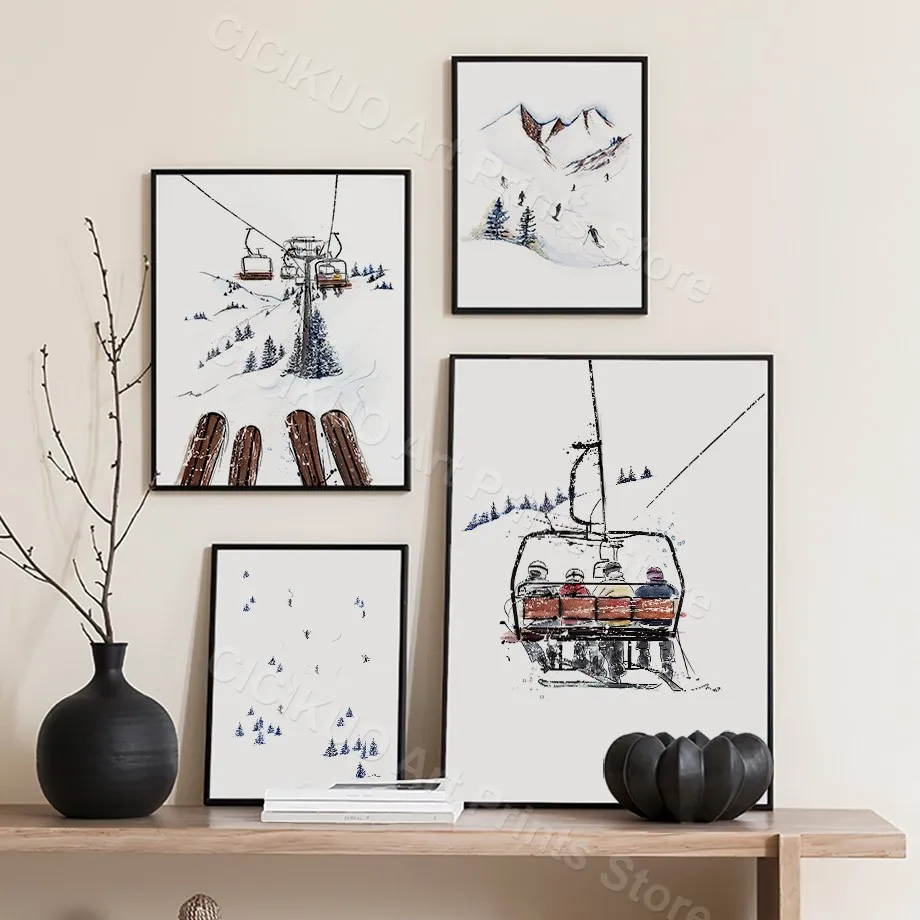 2024 Winter Mountain Ski Liebhaber Weihnachten Schnee Wand Kunst Leinwand Malerei Nordic Poster und