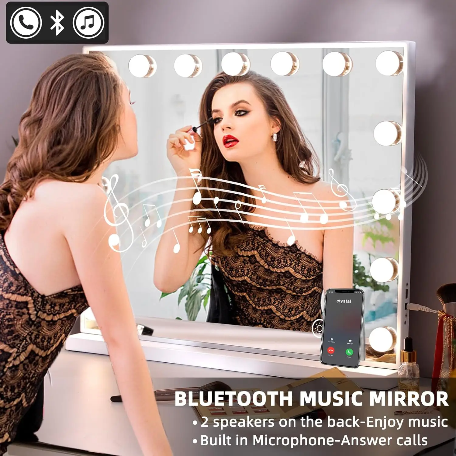 Grand miroir de maquillage éclairé avec haut-parleur Bluetooth, 15 ampoules LED, 3 modes, chargement USB et loupe 10x