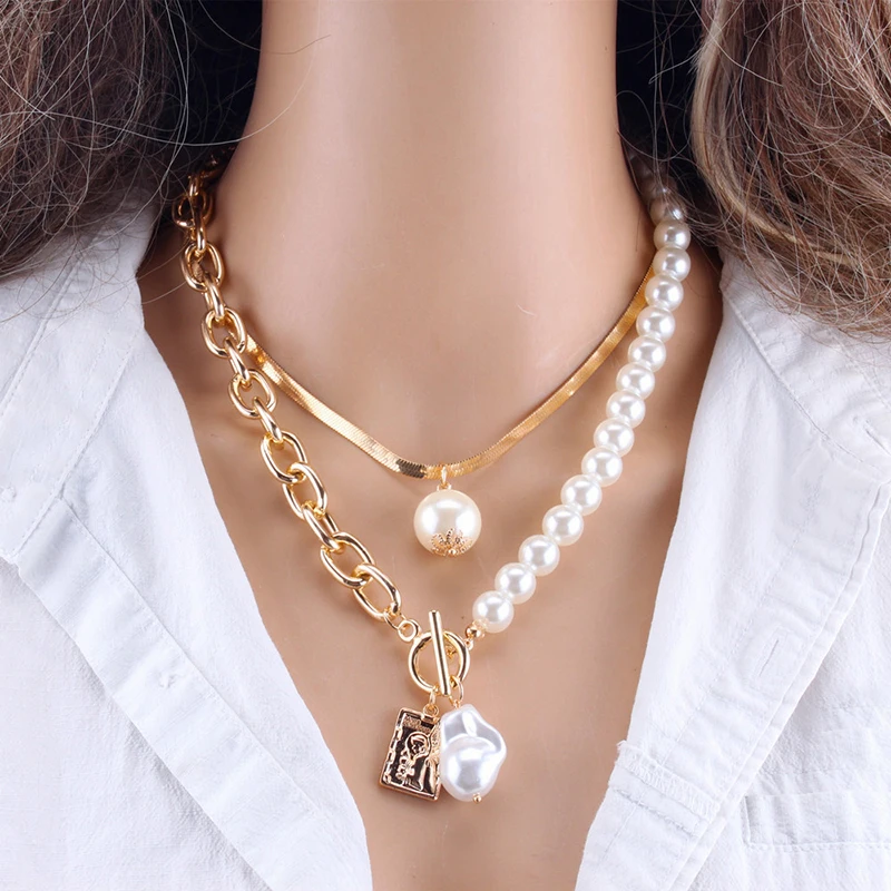 Fashion Pearl Chain Necklace For Women Angels Baroque Pearl Pendant Necklace Choker Metal Snake Chain Jewelry Gold Silver Color