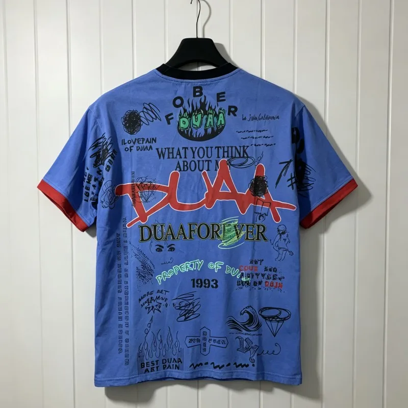 Black Spliced Round Neck Full Graffiti Text Print Hotfix Rhinestone Red Letters DUAA Tshirt Men Women Summer Blue Street Top Tee